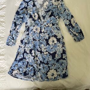 Old Navy Blue and White Wrap Sundress with Bishop Sleeves